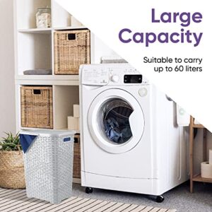 Plastic Laundry Hamper with Lid Laundry Hamper Basket, White Smoke 2 Pack Tall Cloths Hamper Organizer with Cut-out Handles. Space Saving for Laundry Room Bedroom Bathroom, Wicker Design 60 Liter