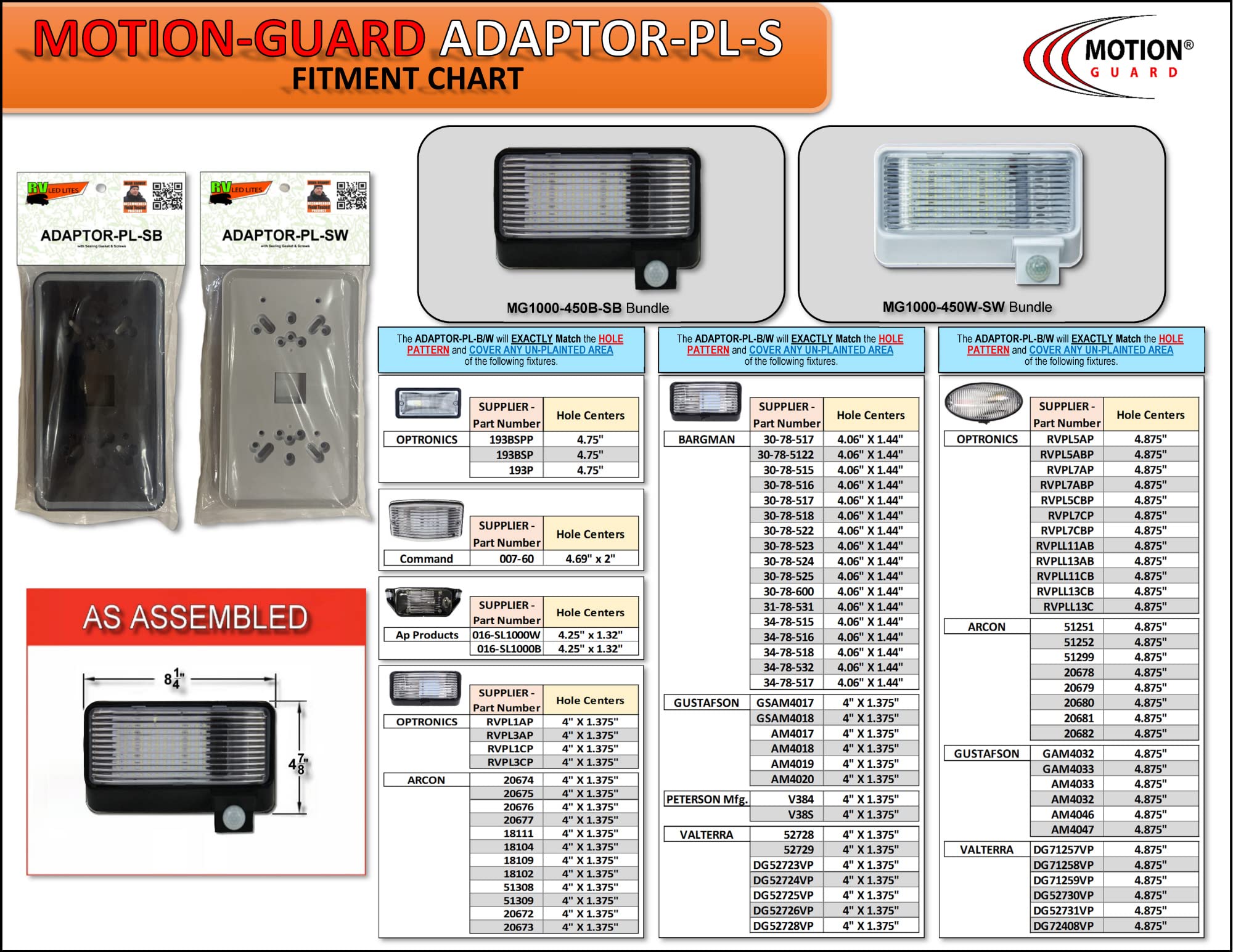 MOTION-GUARD, ADAPTOR-PL-SW will Allow the Mounting of the MG1000-450W or BG520W to the Side Wall of any RV without Drilling New Holes and will Cover any UN-Painted Area Left after Old fixture removal