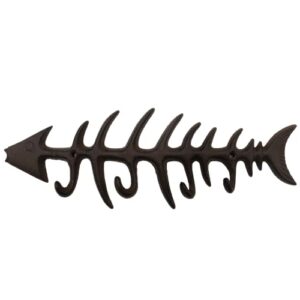 needzo cast iron faux rusted fish skeleton wall hook, nautical themed decor for beach house, lake house, or home, rustic hooks for towels, keys, coats, and more, 13 inches