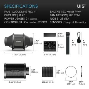 AC Infinity Air Filtration PRO Kit 4”, CLOUDLINE PRO Inline Fan with Temperature Humidity WiFi Controller, Carbon Filter Ducting, Cooling Ventilation System for Grow Tents, Hydroponics, Indoor Gardens