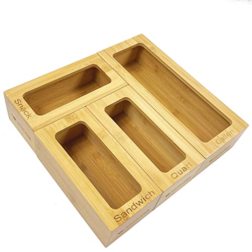 THE CNC STORE Ziplock Bag Storage Organizer| Bamboo Ziploc Bag Organizer for Kitchen Drawer| Food Baggie Holder Suitable for Gallon, Quart, Sandwich and Snack Variety Size Bags- Pack of 4