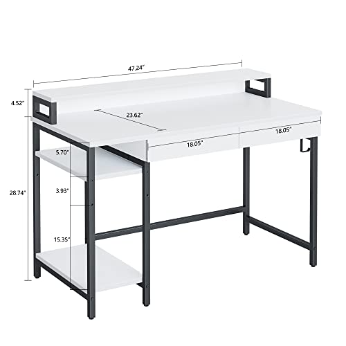 CubiCubi Computer Desk with Monitor Stand, 47 inch Home Office Study Writing Table with Drawers and Storage Shelves for Small Spaces, White