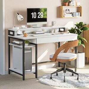 CubiCubi Computer Desk with Monitor Stand, 47 inch Home Office Study Writing Table with Drawers and Storage Shelves for Small Spaces, White