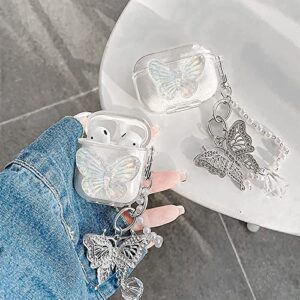 Newseego Compatible with Airpods 1&2 Case, [Cute 3D Clear Glitter Butterfly Design] Smooth Soft TPU Cover with Lovely Lucky Crystal Keychain Shockproof Protective Headphones Case for Girls Women