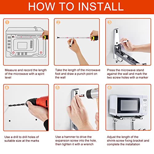 EsLuker.ly Universal Stainless Steel Microwave Oven Wall Mount Bracket with Removable Hooks, Arm Adjustable Foldable Kitchen Stretch Oven Stand Shelf Rack Load 100 lb