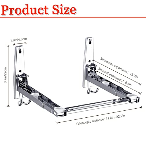 EsLuker.ly Universal Stainless Steel Microwave Oven Wall Mount Bracket with Removable Hooks, Arm Adjustable Foldable Kitchen Stretch Oven Stand Shelf Rack Load 100 lb