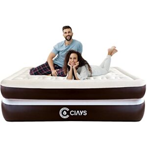 ciays air mattress with built-in pump, 16" elevated blow up mattress with carrying bag for home and camping, flocked top inflatable air bed for guests, family, queen, brown
