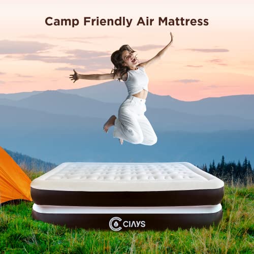 Ciays Air Mattress with Built-in Pump, 16" Elevated Blow Up Mattress with Carrying Bag for Home and Camping, Flocked Top Inflatable Air Bed for Guests, Family, Queen, Brown