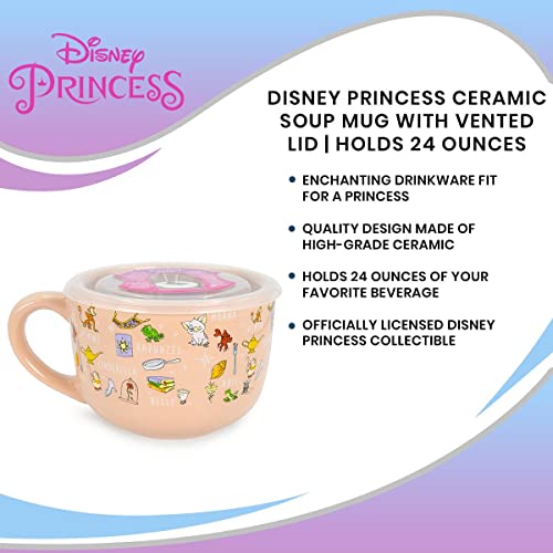 Disney Princess Ceramic Soup Mug with Vented Lid | Bowl For Ice Cream, Cereal, Oatmeal | Large Coffee Cup For Espresso, Caffeine, Beverage | Cute Home & Kitchen Decor Essentials | Holds 24 Ounces