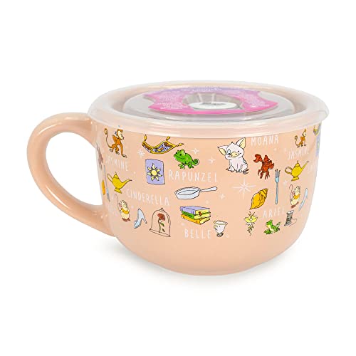 Disney Princess Ceramic Soup Mug with Vented Lid | Bowl For Ice Cream, Cereal, Oatmeal | Large Coffee Cup For Espresso, Caffeine, Beverage | Cute Home & Kitchen Decor Essentials | Holds 24 Ounces