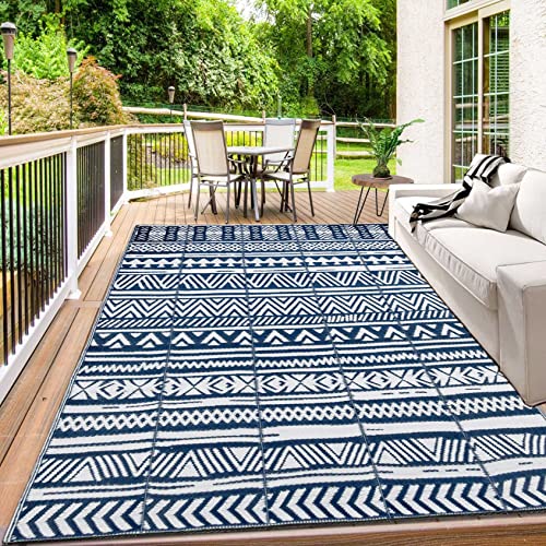 HiiARug 5'x8' Reversible Outdoor Rug, Plastic Straw Rugs, Large Floor Mat and Rug for RV, Patio, Backyard, Deck, Picnic, Beach, Trailer, Camping(Navy/White)