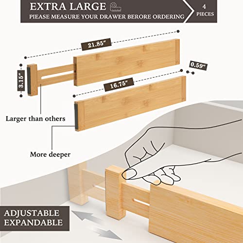 Bellsal Large Drawer Divider Bamboo (3.15 Tall 16.75-21.85 Long) Deep Kitchen Drawer Organizer for Clothes Dresser Bedroom Office Set of 4