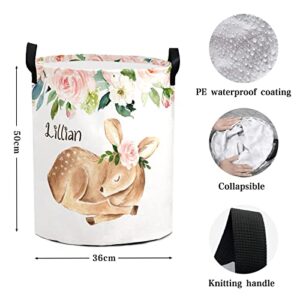 SunFancy Girls Floral Deer Personalized Laundry Basket Clothes Hamper with Handles Waterproof,Custom Collapsible Laundry Storage Baskets for Bedroom,Bathroom Decorative Large Capacity, One Size