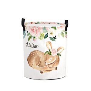 sunfancy girls floral deer personalized laundry basket clothes hamper with handles waterproof,custom collapsible laundry storage baskets for bedroom,bathroom decorative large capacity, one size