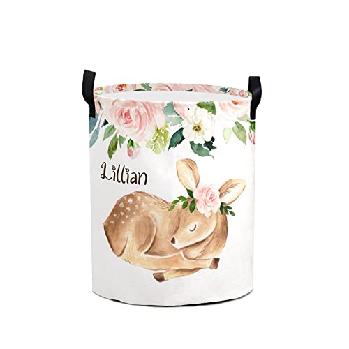 SunFancy Girls Floral Deer Personalized Laundry Basket Clothes Hamper with Handles Waterproof,Custom Collapsible Laundry Storage Baskets for Bedroom,Bathroom Decorative Large Capacity, One Size