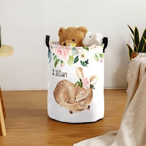 SunFancy Girls Floral Deer Personalized Laundry Basket Clothes Hamper with Handles Waterproof,Custom Collapsible Laundry Storage Baskets for Bedroom,Bathroom Decorative Large Capacity, One Size