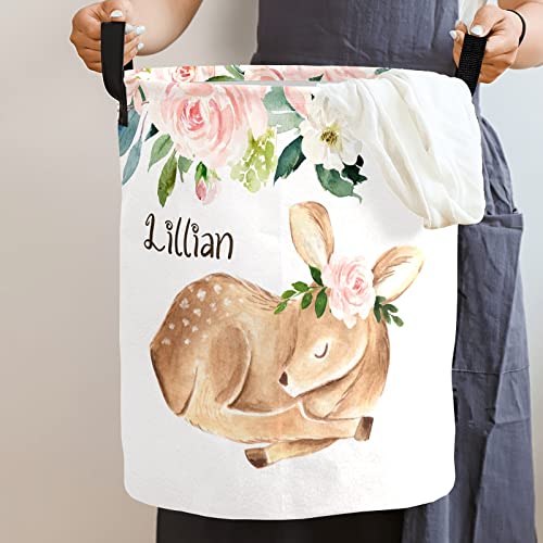 SunFancy Girls Floral Deer Personalized Laundry Basket Clothes Hamper with Handles Waterproof,Custom Collapsible Laundry Storage Baskets for Bedroom,Bathroom Decorative Large Capacity, One Size