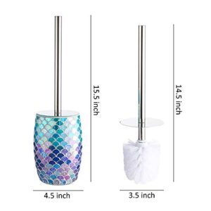 WHOLE HOUSEWARES | Bathroom Wastebasket | Mermaid Glass Mosaic Decoration and Bathroom Accessories Toilet Brush Set - Blue Toilet Bowl Brush and Holder (Fan Shape)