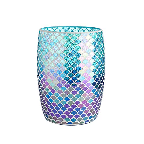 WHOLE HOUSEWARES | Bathroom Wastebasket | Mermaid Glass Mosaic Decoration and Bathroom Accessories Toilet Brush Set - Blue Toilet Bowl Brush and Holder (Fan Shape)