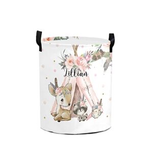 woodland animals boho floral personalized laundry basket clothes hamper with handles waterproof,custom collapsible laundry storage baskets for bedroom,bathroom decorative large capacity