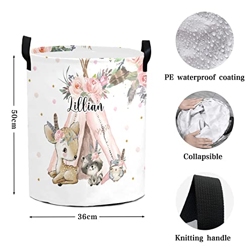 Woodland Animals Boho Floral Personalized Laundry Basket Clothes Hamper with Handles Waterproof,Custom Collapsible Laundry Storage Baskets for Bedroom,Bathroom Decorative Large Capacity