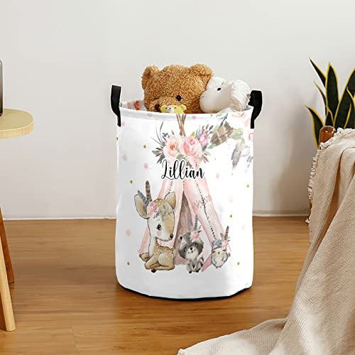 Woodland Animals Boho Floral Personalized Laundry Basket Clothes Hamper with Handles Waterproof,Custom Collapsible Laundry Storage Baskets for Bedroom,Bathroom Decorative Large Capacity