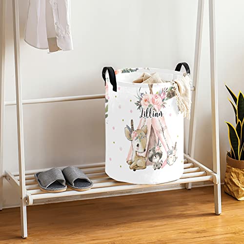 Woodland Animals Boho Floral Personalized Laundry Basket Clothes Hamper with Handles Waterproof,Custom Collapsible Laundry Storage Baskets for Bedroom,Bathroom Decorative Large Capacity