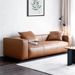 acanva luxury mid-century modern 3-seater lounge sofa with extra-wide armrest seat for living room apartment dorm bedroom office, leather couch, brown