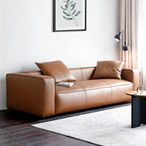 Acanva Luxury Mid-Century Modern 3-Seater Lounge Sofa with Extra-Wide Armrest Seat for Living Room Apartment Dorm Bedroom Office, Leather Couch, Brown