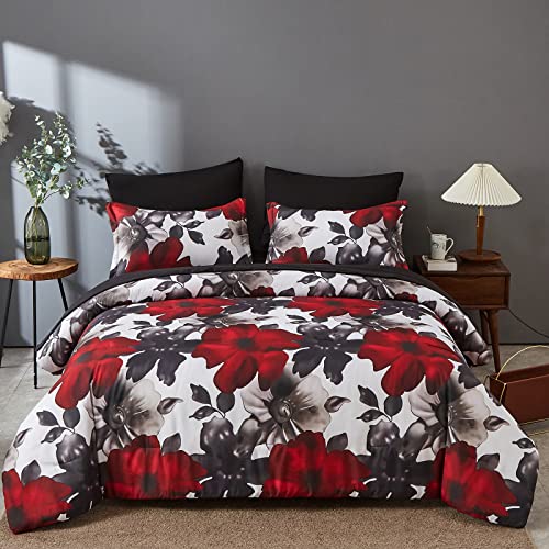 ZEIMON 7 Piece Bed in A Bag Queen Floral Comforter Set, Black and Red Botanical Flowers Leaves Comforter and Sheet Set, Soft Lightweight Microfiber Bedding Sets for All Season(Black,Queen)