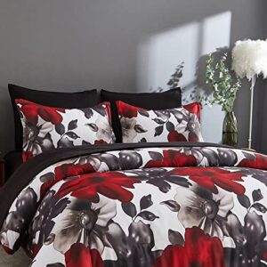 ZEIMON 7 Piece Bed in A Bag Queen Floral Comforter Set, Black and Red Botanical Flowers Leaves Comforter and Sheet Set, Soft Lightweight Microfiber Bedding Sets for All Season(Black,Queen)