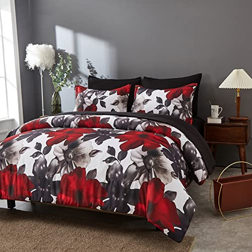 ZEIMON 7 Piece Bed in A Bag Queen Floral Comforter Set, Black and Red Botanical Flowers Leaves Comforter and Sheet Set, Soft Lightweight Microfiber Bedding Sets for All Season(Black,Queen)