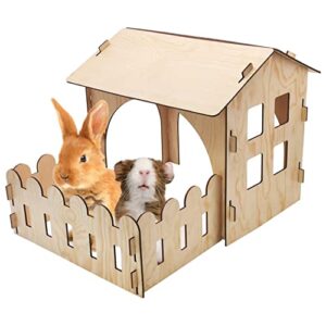 fhiny wooden rabbit castle hideout with fence, small animal rest and play house hideaway with window detachable rabbit bed hut bunny castle for indoor chinchilla guinea pig hedgehog