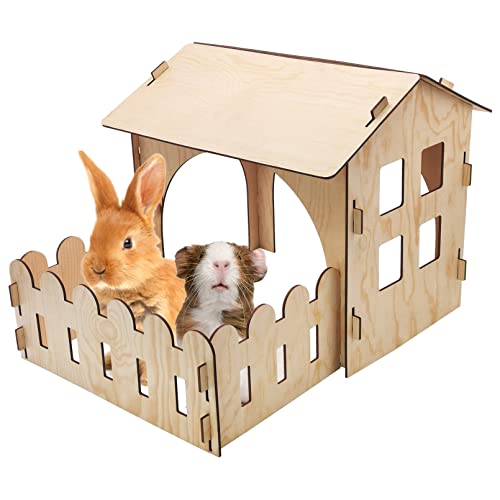 Fhiny Wooden Rabbit Castle Hideout with Fence, Small Animal Rest and Play House Hideaway with Window Detachable Rabbit Bed Hut Bunny Castle for Indoor Chinchilla Guinea Pig Hedgehog