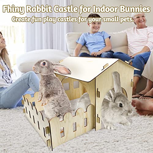 Fhiny Wooden Rabbit Castle Hideout with Fence, Small Animal Rest and Play House Hideaway with Window Detachable Rabbit Bed Hut Bunny Castle for Indoor Chinchilla Guinea Pig Hedgehog