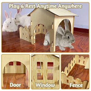 Fhiny Wooden Rabbit Castle Hideout with Fence, Small Animal Rest and Play House Hideaway with Window Detachable Rabbit Bed Hut Bunny Castle for Indoor Chinchilla Guinea Pig Hedgehog