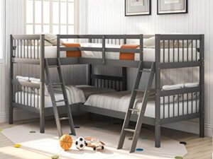 harper & bright designs l shaped bunk bed for 4, quad bunk bed twin size, wooden bunk bed frame for kids teens adults - gray