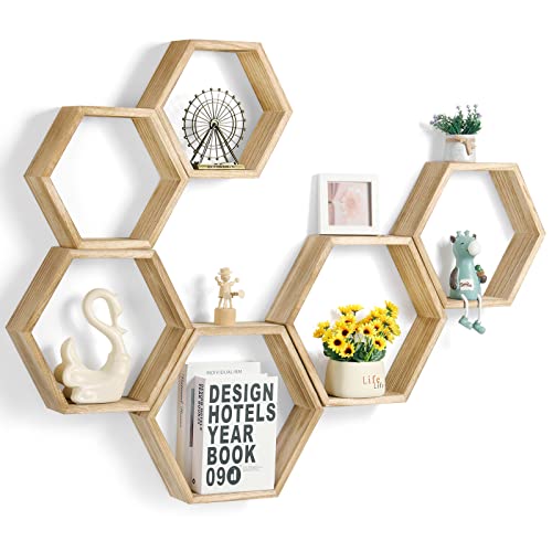 YBING Hexagon Floating Shelves Wall Mounted Farmhouse Wood Storage Honeycomb Wall Shelf Set of 6 Hexagonal Shelves Wall Home Decor Hexagon Shelves for Living Room Bedroom Office, Light Brown