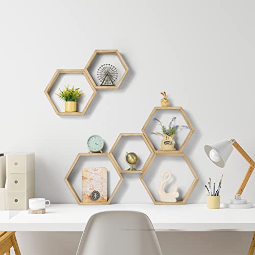 YBING Hexagon Floating Shelves Wall Mounted Farmhouse Wood Storage Honeycomb Wall Shelf Set of 6 Hexagonal Shelves Wall Home Decor Hexagon Shelves for Living Room Bedroom Office, Light Brown