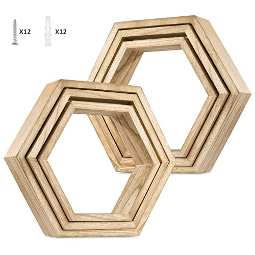 YBING Hexagon Floating Shelves Wall Mounted Farmhouse Wood Storage Honeycomb Wall Shelf Set of 6 Hexagonal Shelves Wall Home Decor Hexagon Shelves for Living Room Bedroom Office, Light Brown