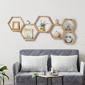 YBING Hexagon Floating Shelves Wall Mounted Farmhouse Wood Storage Honeycomb Wall Shelf Set of 6 Hexagonal Shelves Wall Home Decor Hexagon Shelves for Living Room Bedroom Office, Light Brown