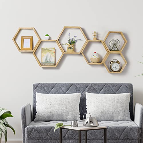 YBING Hexagon Floating Shelves Wall Mounted Farmhouse Wood Storage Honeycomb Wall Shelf Set of 6 Hexagonal Shelves Wall Home Decor Hexagon Shelves for Living Room Bedroom Office, Light Brown