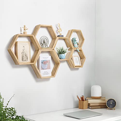 YBING Hexagon Floating Shelves Wall Mounted Farmhouse Wood Storage Honeycomb Wall Shelf Set of 6 Hexagonal Shelves Wall Home Decor Hexagon Shelves for Living Room Bedroom Office, Light Brown