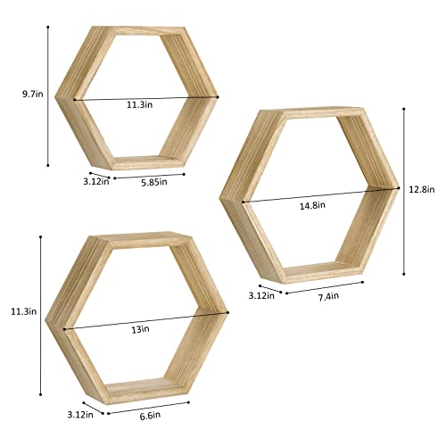 YBING Hexagon Floating Shelves Wall Mounted Farmhouse Wood Storage Honeycomb Wall Shelf Set of 6 Hexagonal Shelves Wall Home Decor Hexagon Shelves for Living Room Bedroom Office, Light Brown