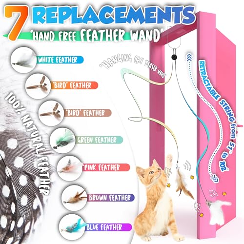 LEKEWPET Retractable Cat Feather Toys, 7PCS Refills with Bell, Interactive Doorway Hanging Teaser Toys for Indoor Cats. Kitten Play Exercise Feather Teaser Toys.