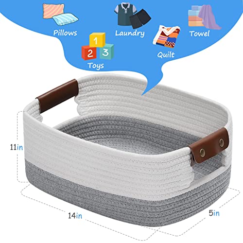 ECDYQXVU Cotton Rope Storage Basket, 14x11x5 IN, Oval Storage Bins, Decorative Woven Basket Cube Storage Organizer for Nursery, Laundry, Towel, Clothes, Toy, Cosmetics, Books (Grey/White)