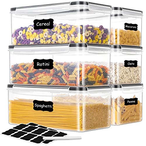 ME.FAN 6 Set 3.2L Food Storage Containers, Spaghetti Containers Airtight Horizontal Storage/Pasta Containers Kitchen Pantry Organization Canisters with 24 labels & Pen - Black