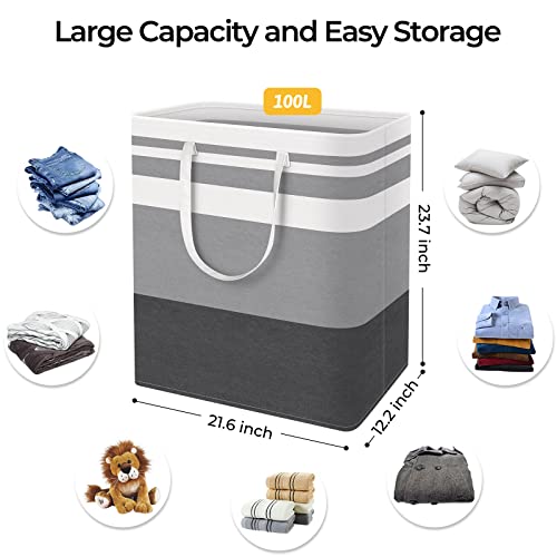 HomeHacks 2-Pack Large Laundry Basket,100L Each Waterproof, Freestanding Laundry Hamper, Collapsible Tall Clothes Hamper with Extended Handles for Clothes Toys in the Dorm and Family-Gradient Grey