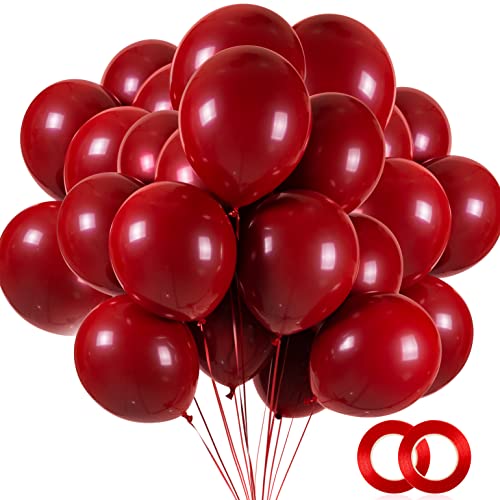 50pcs Chrome Metallic Red Balloons, 12inch Ruby Red Double Layer Latex Balloons,Chrome Dark Red For Wedding, Graduation, Baby Shower Decorations (with 2 Red Ribbon)