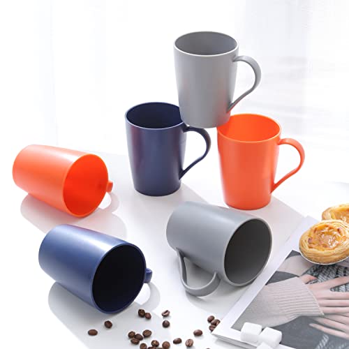 Hawnn Coffee Mugs Set of 6, Plastic Coffee Cups Set, 12 Ounce Unbreakable Coffee Mug Plastic with Handle, 3 Basic Colors, Reusable Plastic Mug Dishwasher Safe